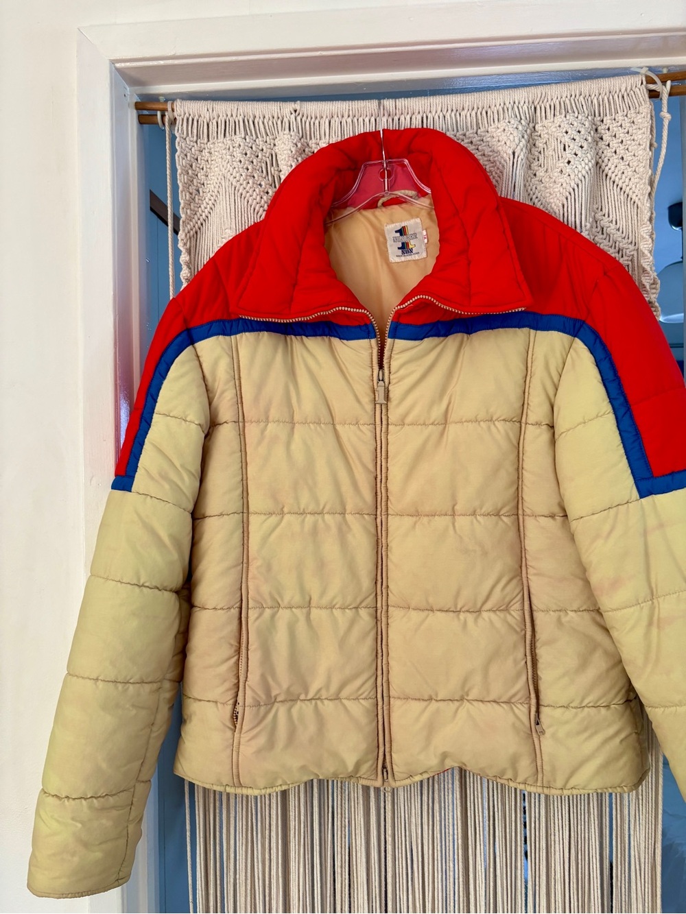 Colorblock Puffer Jacket - Red & Cream
